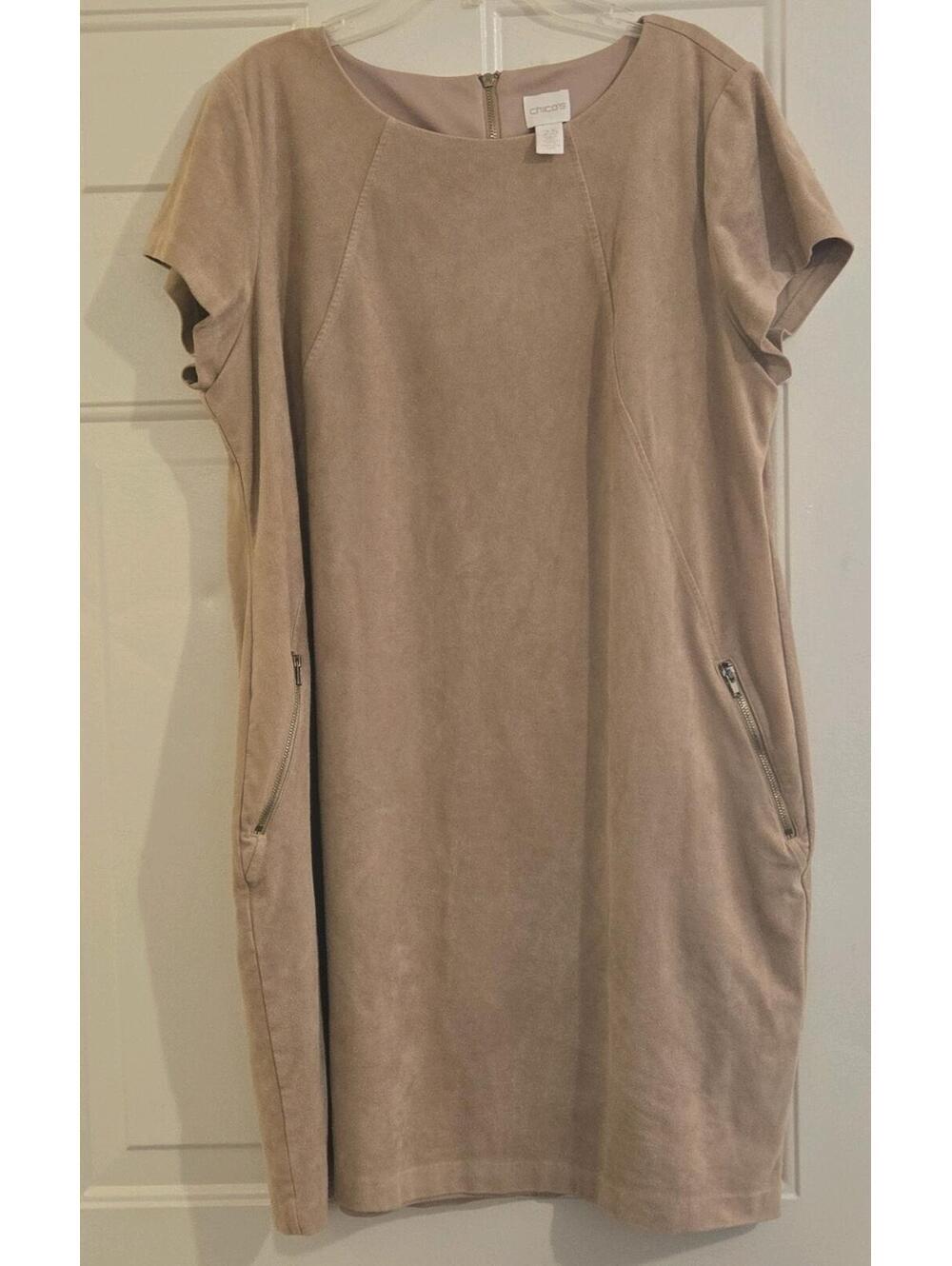 Chico's 2.5 L Tan Faux Suede Shift Dress Knee Length Round Neck Pockets Career